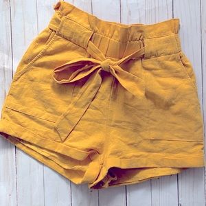 Women’s dress shorts, work clothes, dressy shorts, mustard color, flowy shorts